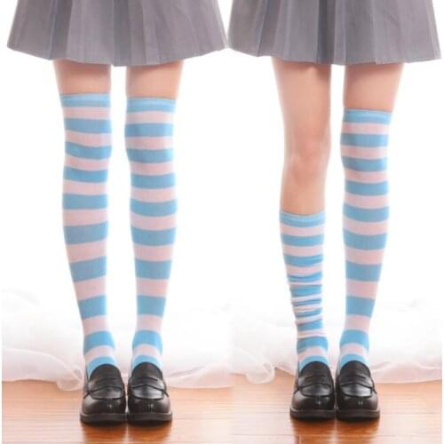 Cotton Blue & Pink & Green & Lavendar Striped Womens Lolita Over-knee Stockings Thigh High Long Stockings Cosplay