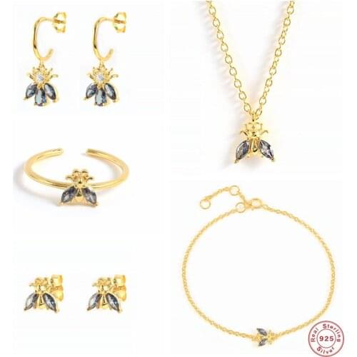 GS 925 Sterling Silver Gold Rainbow Oval Zircon Bee Pendant Necklace Drop Earring Open Rings 2021 Rock Punk Fine Jewelry Set