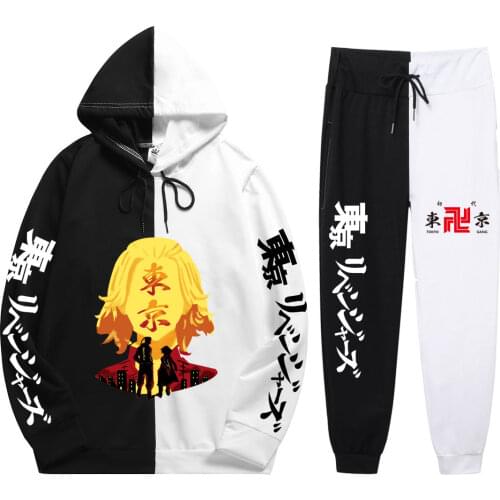 Fashion Summer Autumn Man 2 Pieces Sets Anime Tokyo Revengers Print Harajuku Casual Daily Patchwork Thin Hoodie+Patchwork Pants