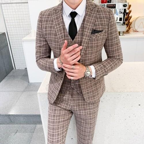 Terno Masculino 5XL Luxury Men Suit Plaid Formal Mens Dress Suits Office Men Suits Regular Fit Plaid Tuxedo Mens Suits 3 Piece