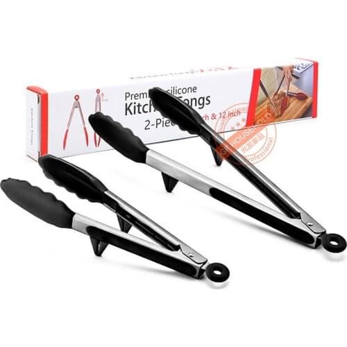 2 Pack (9 & 12 Inch), Stainless Steel Kitchen Tongs with Silicone Tips and Handle, BBQ, Grill or Cooking Clip, Serving Tongs