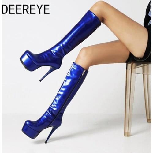 Fashion Winter Patent Leather Women Platform The Knee High Boots Stilettos Super High Heel Zipper Round Toe Party Dress Shoes
