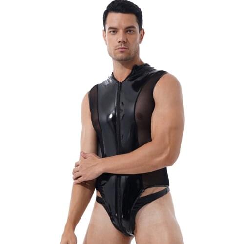 Mens Lingerie Hot Glossy High Cut Thong Bodysuit Shiny Metallic Double Zipper Patent Leather Clubwear Sheer Mesh Splice Costume