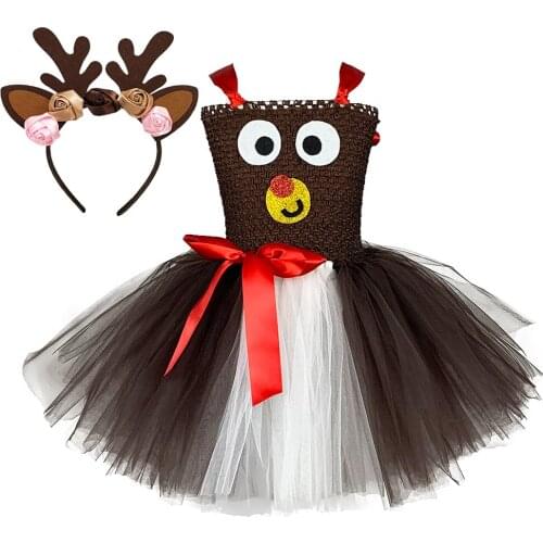 Brown Deer Tutu Dress Girls Christmas Dress Kid Halloween Costume Baby Girl Princess Elk Reindeer Outfits for New Year Carnival