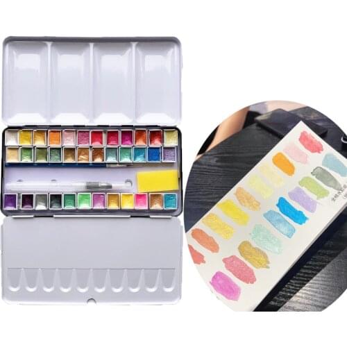 Portable 12/24/48 Colors Pearlescent Glitter Solid Watercolor Paints Set With Water Brush Pen Foldable Travel Water Color Pigme