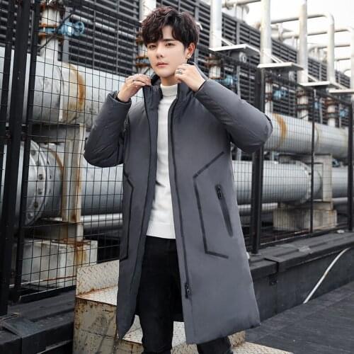 Down Jacket Mens Casual Versitile 2019 Korean-style Hooded Jacket Mens Mid-length Warm White Duck down Jacket