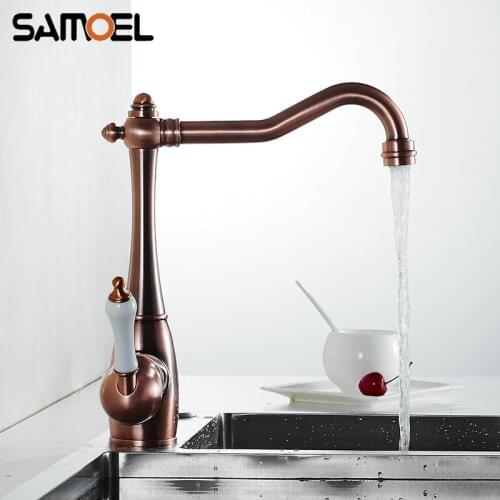 Samoel Classic Brass Red Bronze Red Antique Copper 360 Rotating Deck-mounted Kitchen Faucet Mixer Sink Water Tap RS339