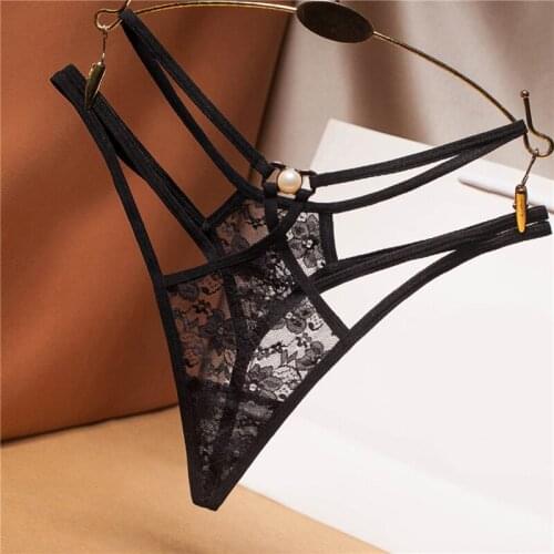 Sexy Perspective Womens Briefs Lace Fashion Cross Belt Bundled Thong Pearl Decoration T Pants Embroidered G-String Underwear