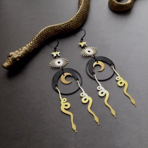 Snake with Moon and Star Statement Earrings