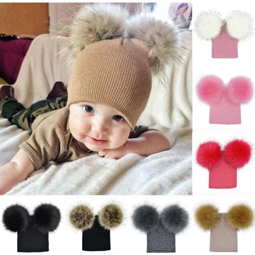 Children Kids Baby Winter Warm Wool Knitted Beanie Hat Two Fur Pom Poms Bobble Hats Cap Black Brown Pink Khaki