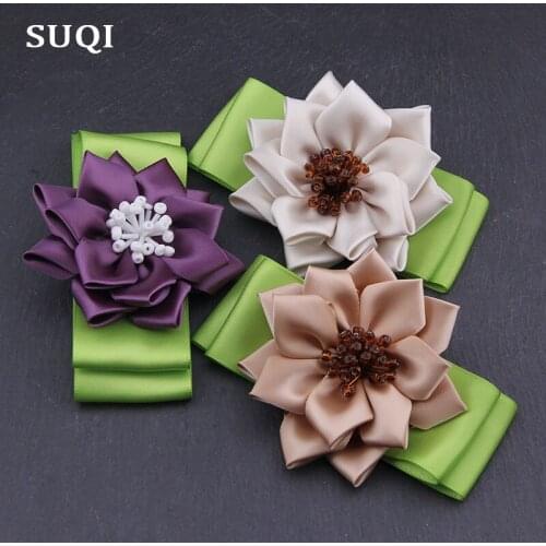 SUQI Fashion glass beads Ribbon Hand-folded rose Womens Brooches pin Jewelry Sun Flowers bow Brooch Pins clothes Decoration
