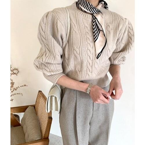 Alien Kitty 2021 New Women O-Neck Sweaters Knitted Female Loose Solid Elegant Puff Sleeves Pullovers Office Lady Casual Tops