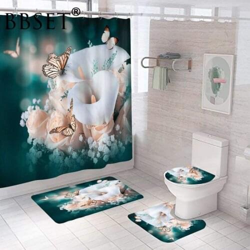 Butterfly Flowers Waterproof Print Shower Curtain 4 Piece Toilet Lid Cover Anti-slip Soft Rugs Bath Mat Bathroom Set Home Decor