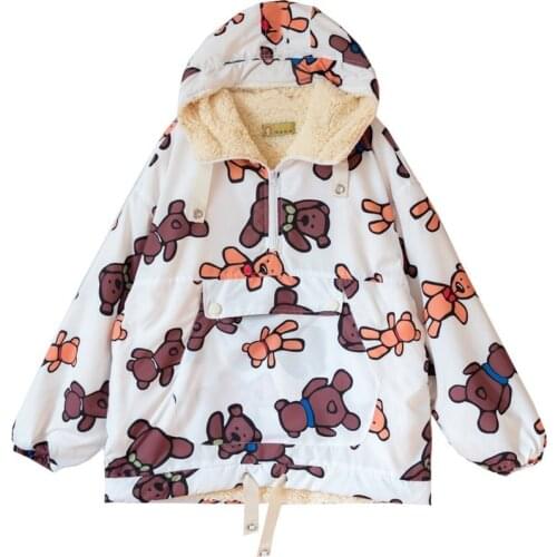 Vintage Cute Winter Jacket Women Sweet Cartoon Bears Print Velvet Women Hooded Warm Coat Parkas Loose Thick Outwear Coats