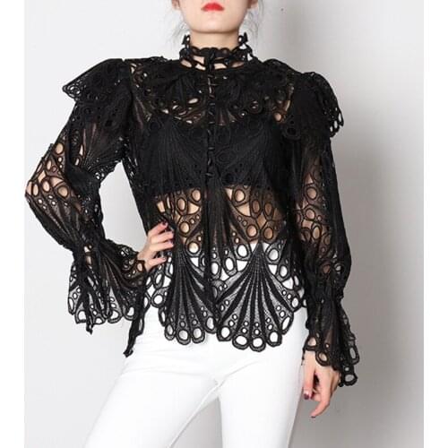 Spring New Shirts For Women Lace Hollow Out Embroidery See-Through Tops Stand Collar Flare Sleeves Baggy Vintage Shirt