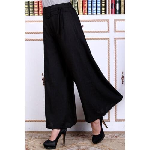 Shanghai Story Top quality Chinese Traditional Trousers Womens Flares Trousers Black Pants Blend cotton Wide Leg Pants for lady
