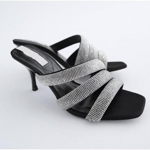 Womens Slippers 2021 Summer New Fashion Black Rhinestone High Heels Square Toe Open Toe Stiletto Sandals