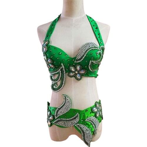 Customize Stage Performance Women Dance Clothing Beading Oriental Belly Dance Costume Set 2 Pieces Bra Belt