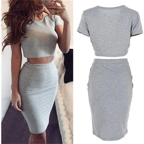 Summer Short Sleeve Top Womens Club Skirt Two Piece Outfits Midi Skirts Sexy Party Bodycon Vestidos