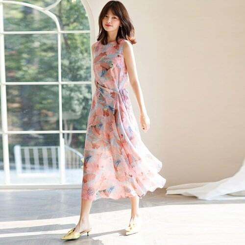Womens 2021 Spring Oil Painting Designer Irregular Thin Fresh Long Tencel Dress Asymmetrical Lyocell Printed Summer Cute Dress