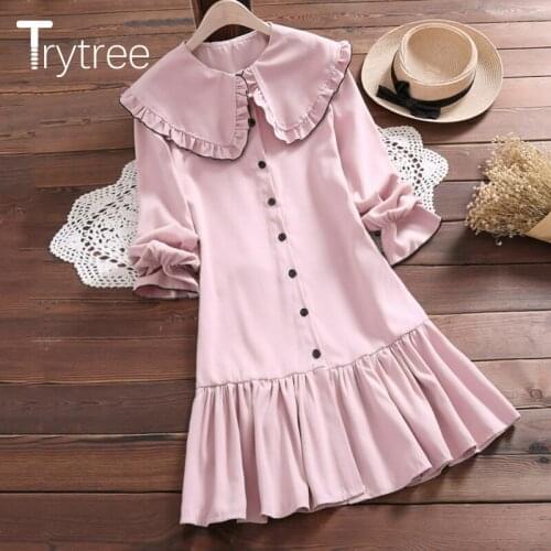 Trytree 2020 Autumn Casual Women Dress Single Breasted Peter Pan Collar Dresses Flare Sleeve Solid Pleated Hem Knee-Length Dress