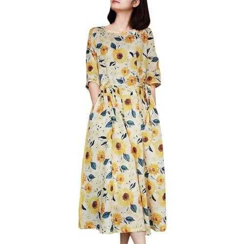 QPFJQD Ladies Loose Printed Dress Short Sleeve O Neck Women 2021 Summer Retro Vintage Ramie Dresses