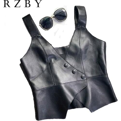 Sheepskin Natural 2021 Slim Sleeveless Jacket Women Genuine Leather Streetwear Short Waistcoat Black Office Lady Vest RZBY298