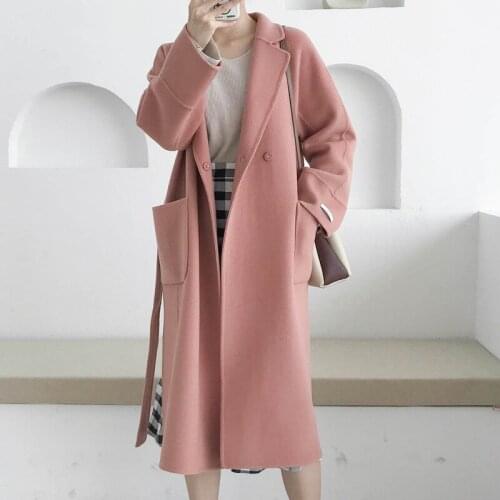 100% Wool Coat Winter Pink Womens Coats Long Korean Style Woman Jacket with Belt Coats and Jackets Women Mujer Chaqueta WPY1473