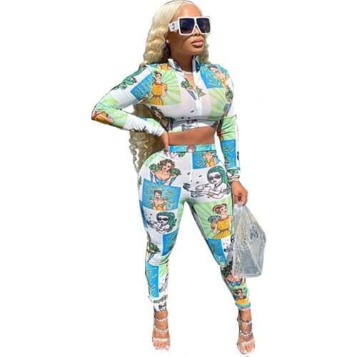2 Piece Casual Matching Sets Womens Suit Tracksuits Set Pink Cartoons Print Sweatsuit Top And Skinny Pants 2pcs Outfits