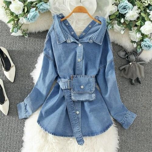 2021 Autumn Retro Belt Slim Waist Denim Coat Female Cowboy Jacket Korean Button Halter Long Female Jacket