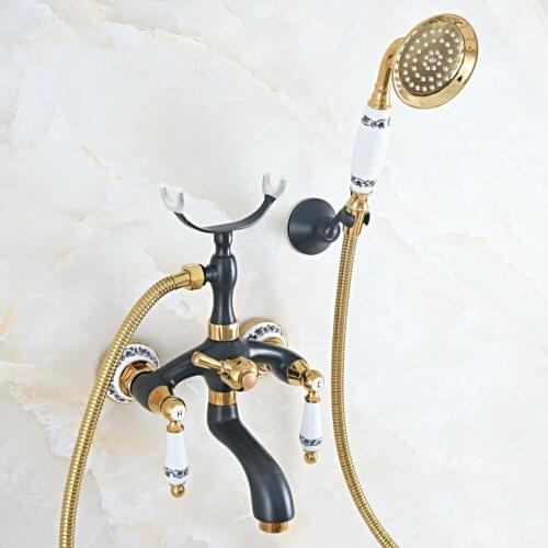 Black Gold Color Brass Wall Mount Bathroom Tub Faucet Dual Ceramic Handle Telephone Style Hand Shower Clawfoot Tub Filler ana547