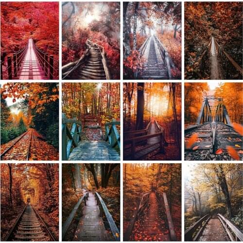 HUACAN Diamond Painting Full Round Square Landscape Bridge 5D DIY Diamond Embroidery Sale Fall Tree Mosaic Wall Art