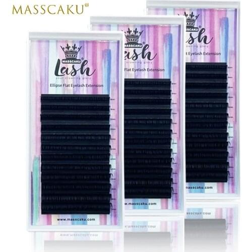 MASSCAKU wholesale premium 12 lines black matte ellipse flat eyelashes cashmere lash tray top quality ellipse extensions