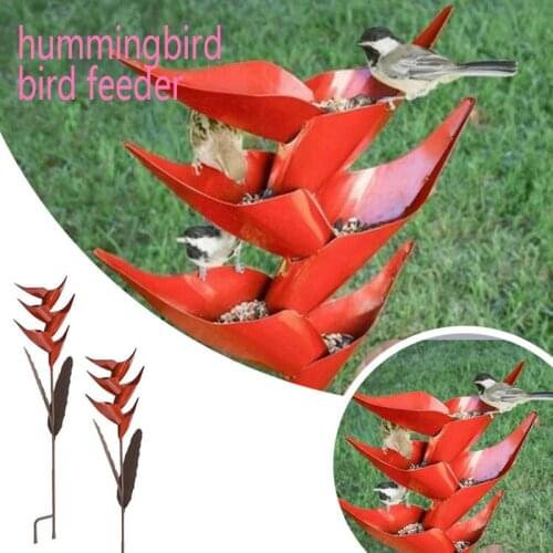 Bird Feeder Red Flower Standing Garden Pet Parrots Birds Food Holder Support Metal Flower Stakes Bird Feeders Garden Decoration