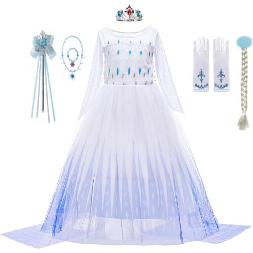 Birthday Party Costume for Girls Princess Dress Elsa 2 White Dress Sequined Kids Snow Queen Cosplay Carnival Clothing