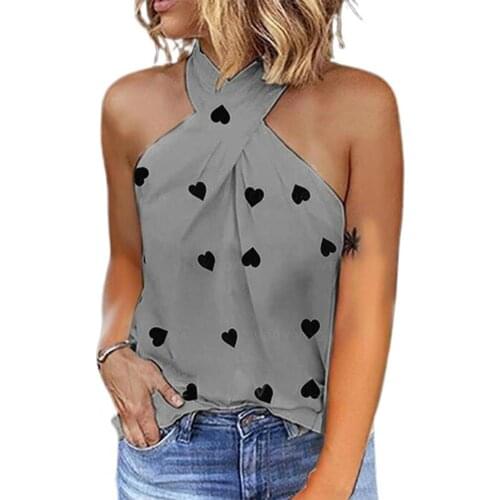 Sexy women vest top sleeveless Heart Printed Back Zipper Halter Blouse T-shirt for Daily Wear womens summer camis tanks Grey xxl