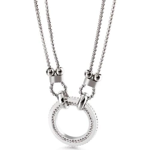New Fashion Round Womens Necklace pendant Korean Style Titanium Steel CZ Stones Double Necklace