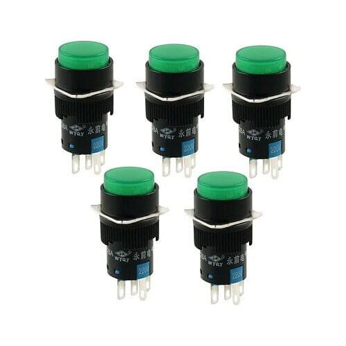 AC 220V Green Lamp Panel Mount 1NO 1NC Latching Round Push Button Switch