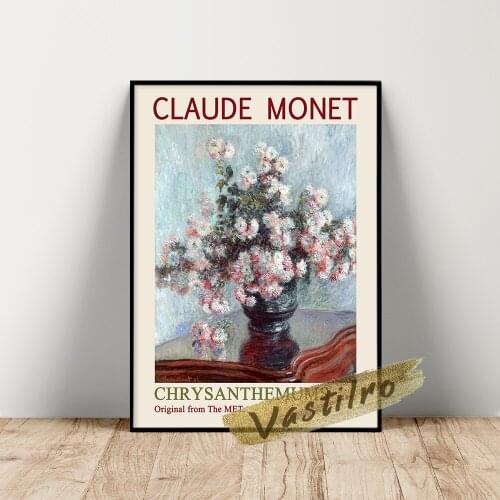Claude Monet Exhibition Poster, Monet Chrysanthemums Canvas Painting, Vintage Plant Wall Stickers, Claude Flower Leaf Wall Art