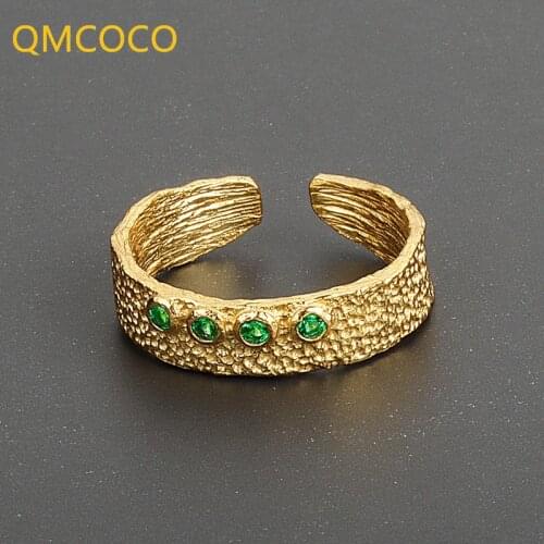 QMCOCO 925 Sterling Silver Green Zircon Bump Matte Irregular Rings Vintage Opening Handmade Ring Woman Fine Jewelry