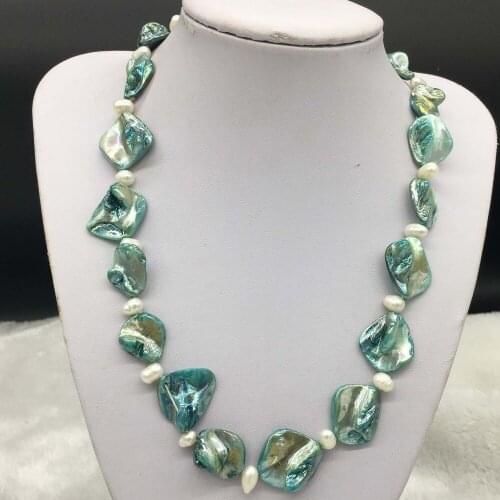 Hand knotted blue shell white real pearl necklace 19" fashion jewelry