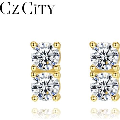 CZCITY New 925 Sterling Silver Statement Golden Stud Earring for Women Fine Jewelry Square CZ Boucle D'Oreille Femme Bijoux Gift