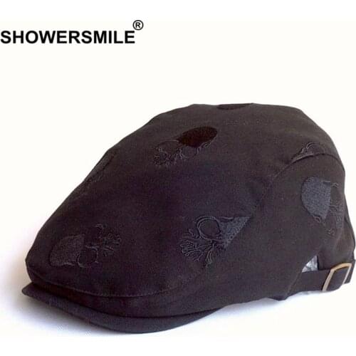 SHOWERSMILE Summer Cotton Hat Men Flat Cap Embroidery Skull Adjustable Male Beret Hats Black Fashion High Quality Ivy Caps