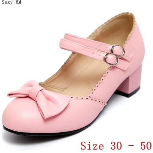 Ladies Med Heel Mary Janes Shoes Square Women Pumps Office Career Shoes Med High Heels Kitten Heels Small Plus Size 30 - 50
