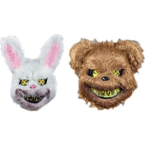 Unisex Scary Bear Rabbit Bunny Mask Bloody Plush Head Mask Cosplay Costume Props with Elastic Belt for Halloween Party