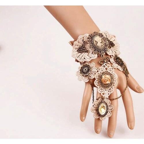 Victorian Gothic Lolita Lace Slave Bracelet Metal Chain Cameo Costume Bracelets Handmade Steampunk Gears