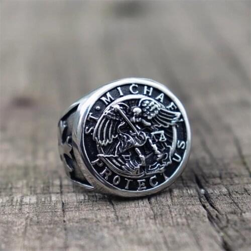 Protect Archangel Saint Michaels Patron Saint Locomotive Ring Mens Locomotive Rider Stainless Steel Ring Jewelry