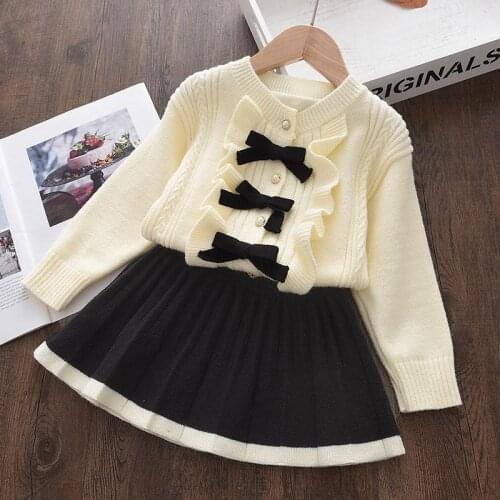 2-6Y Girls Bow Cute Clothing Suits 2021 New Fashion Winter Knitting Sweaters Tops And Skirt Outfits Princess Children Clothing