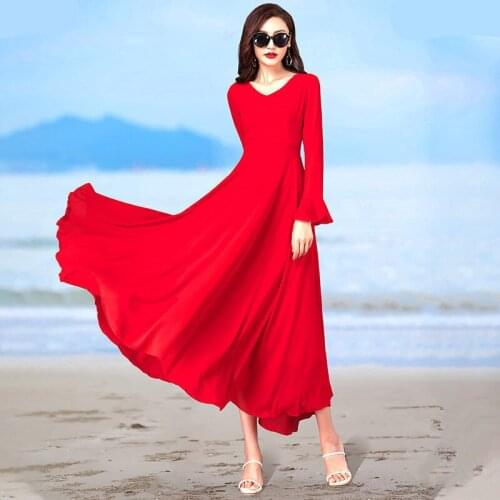 2021 New Summer Women Fashion Casual Beach Style V-Neck Vestidos Female Elegant One-piece Outerwear Solid Chiffon Dress B87