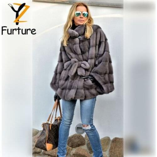 Women Winter Fur Overcoats Real Mink Fur Coat With Fur Waist Belt Warm Stand-collar Trendy Bat Sleeved Mink Fur Jacket Outerwear